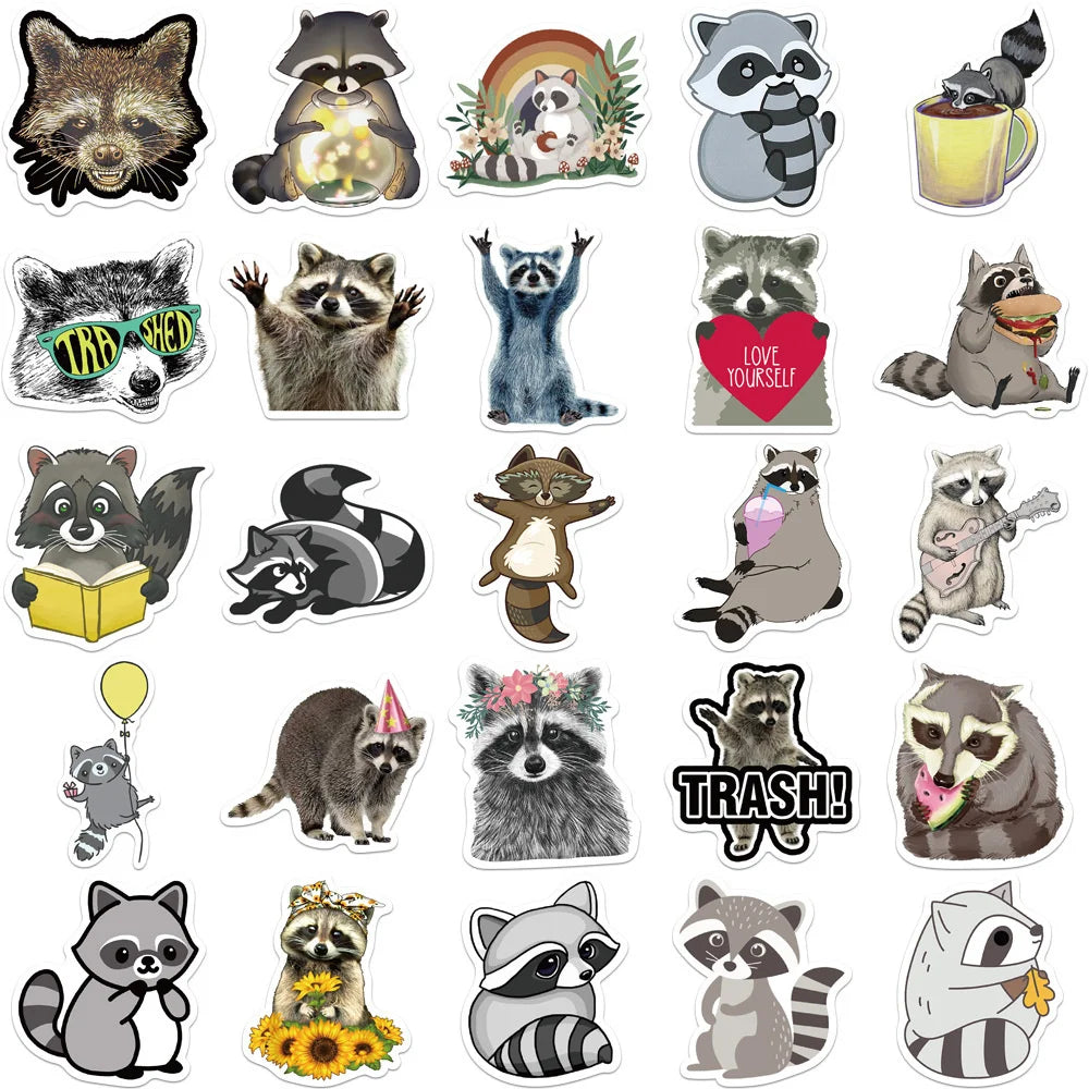 50PCS Cartoon Cute Animal Raccoon Children Sticker for Luggage Laptop IPad Journal Guitar Waterproof Sticker