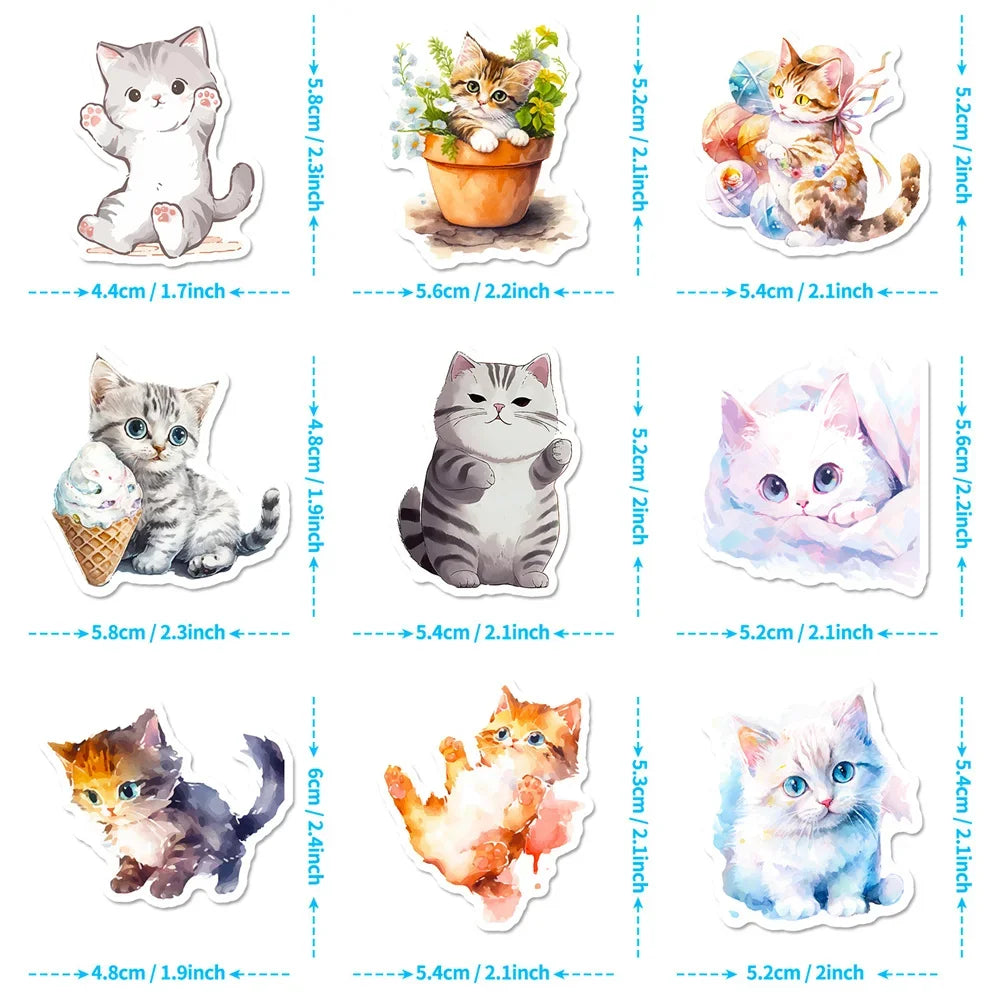 50PCS New Cartoon Watercolor Cat Personalized Creative Sticker DIY  Guitar Computer  Suitcase  Helmet Waterproof