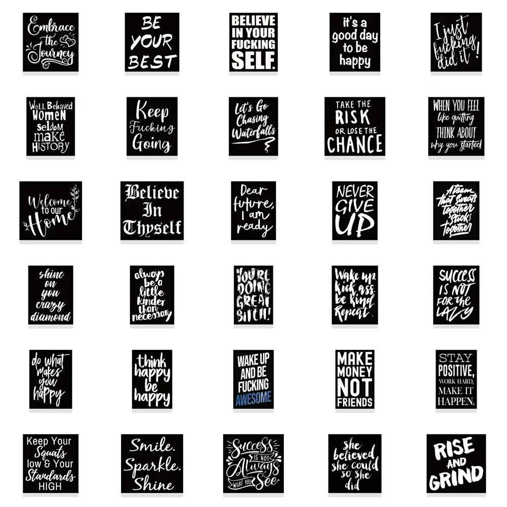 61PCS of black background inspirational English slogan graffiti stickers, personalized, fashionable, creative and exquisite decorative decals, toy suitcases, laptops, ipads, scooters and popular stickers
