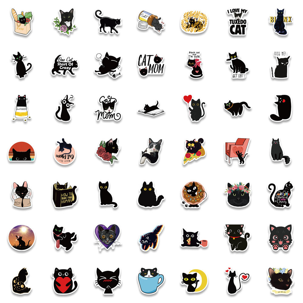 100PCS Cute Black Cat Cartoon Doodle Stickers Perfect for Refrigerators, Suitcases, Laptops, Skateboards, Water Bottles, Helmets, Stationery Boxes Exquisite DIY Desktop Decor Decals
