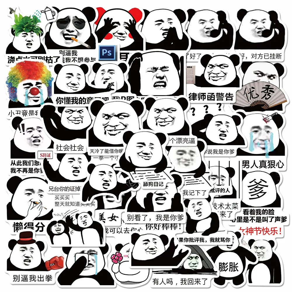 50PCS Cartoon Panda Sticker Animal Graffiti Luggage Helmet Car Guitar DIY Wall Sticker Toy Waterproof Decoration