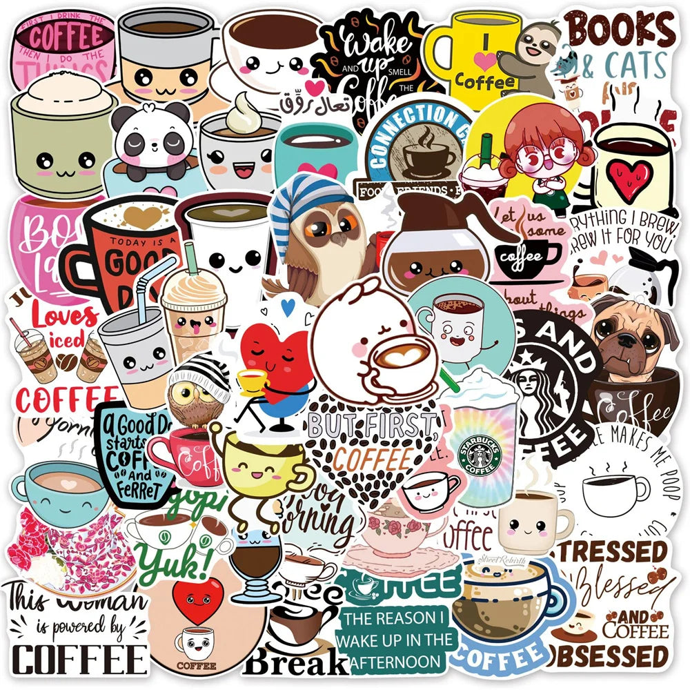 50 pieces of cartoon coffee personalized graffiti stickers, personalized fashion and creative DIY trend decorative stickers, suitable for refrigerator, guitar, helmet, skateboard, popular and exquisite decal toys