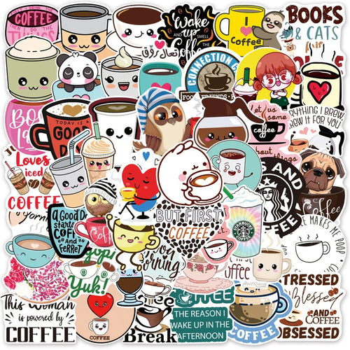 50 pieces of cartoon coffee personalized graffiti stickers, personalized fashion and creative DIY trend decorative stickers, suitable for refrigerator, guitar, helmet, skateboard, popular and exquisite decal toys