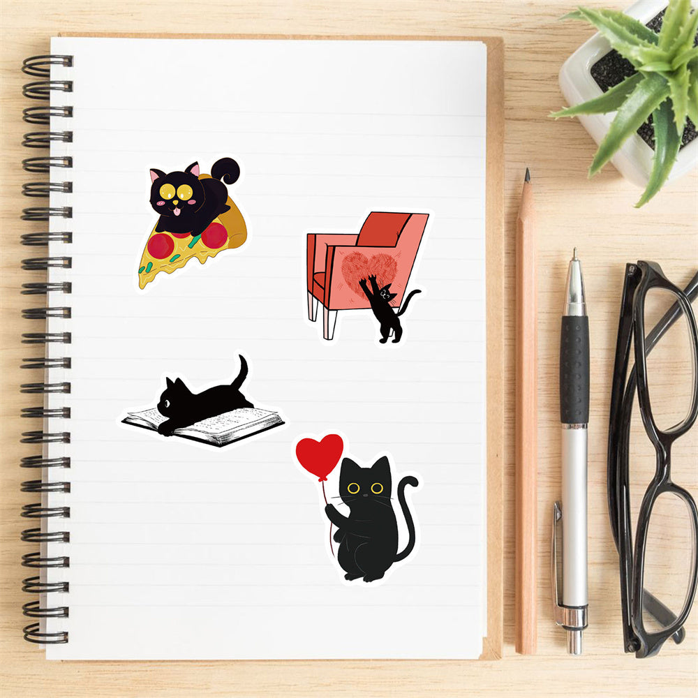 100PCS Cute Black Cat Cartoon Doodle Stickers Perfect for Refrigerators, Suitcases, Laptops, Skateboards, Water Bottles, Helmets, Stationery Boxes Exquisite DIY Desktop Decor Decals