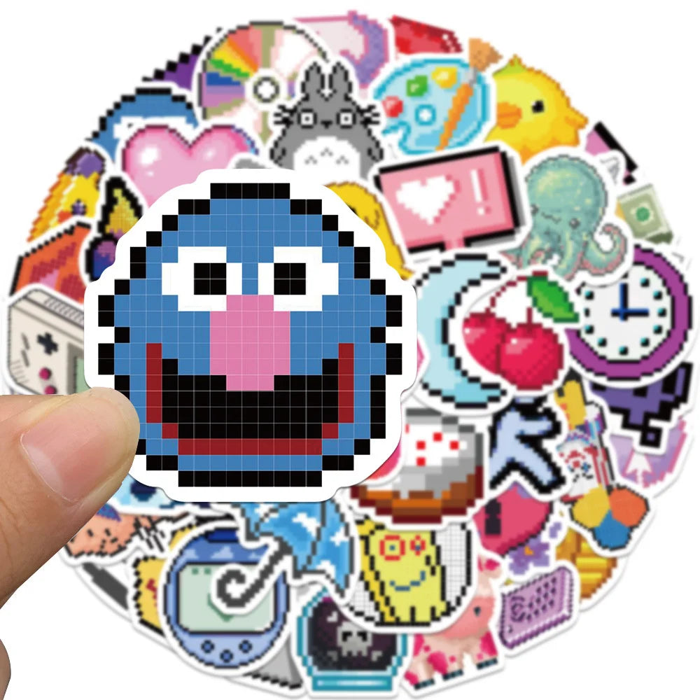 64PCS Mosaic pixel-style cartoon graffiti stickers, personalized fashion and creative trend DIY exquisite decorative stickers, refrigerator, skateboard, water cup, helmet, guitar, popular sticker toys