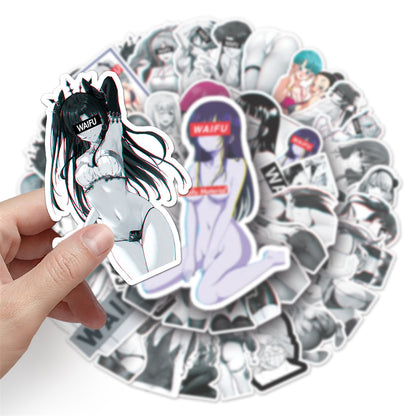 50PCS Cartoon Black & White Waifu Girl Doodle Stickers for Phone Cases, Skateboards, DIY, Waterproof Luggage, Reward Decals, Toys