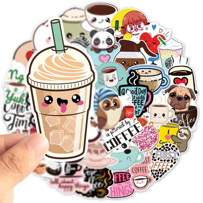 50 pieces of cartoon coffee personalized graffiti stickers, personalized fashion and creative DIY trend decorative stickers, suitable for refrigerator, guitar, helmet, skateboard, popular and exquisite decal toys