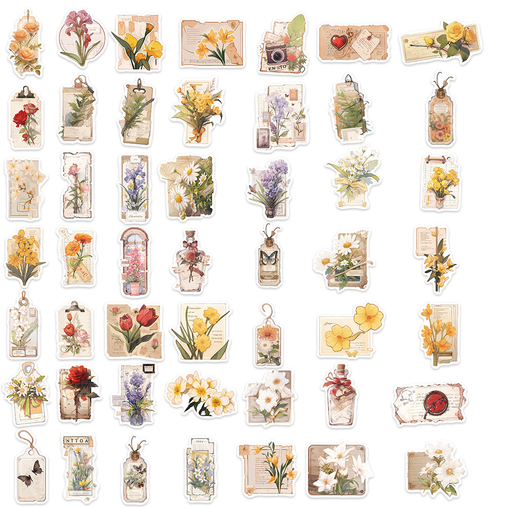 50PCS Classic Cartoon Flower Stickers - Vintage Botanical Decals for Journals, Planners, Water Bottles & Retro Craft Gifts