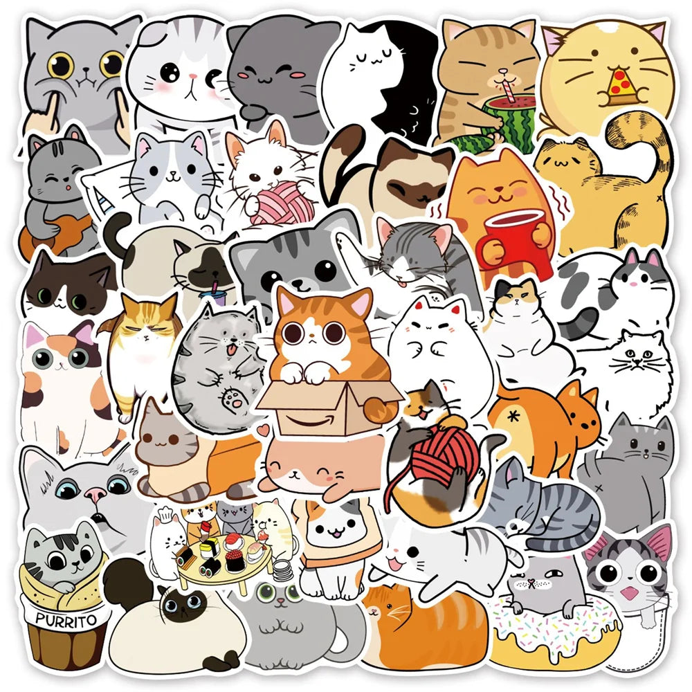 50-Piece Cartoon Cute Cat Collection Doodle Stickers Perfect for Suitcases, Laptops, Journals, Skateboards, Water Bottles, Stationery Boxes, and Desktop Decor