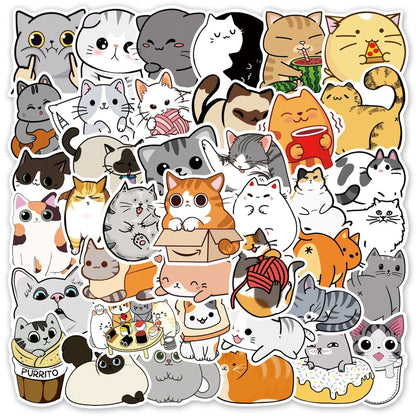 50-Piece Cartoon Cute Cat Collection Doodle Stickers Perfect for Suitcases, Laptops, Journals, Skateboards, Water Bottles, Stationery Boxes, and Desktop Decor
