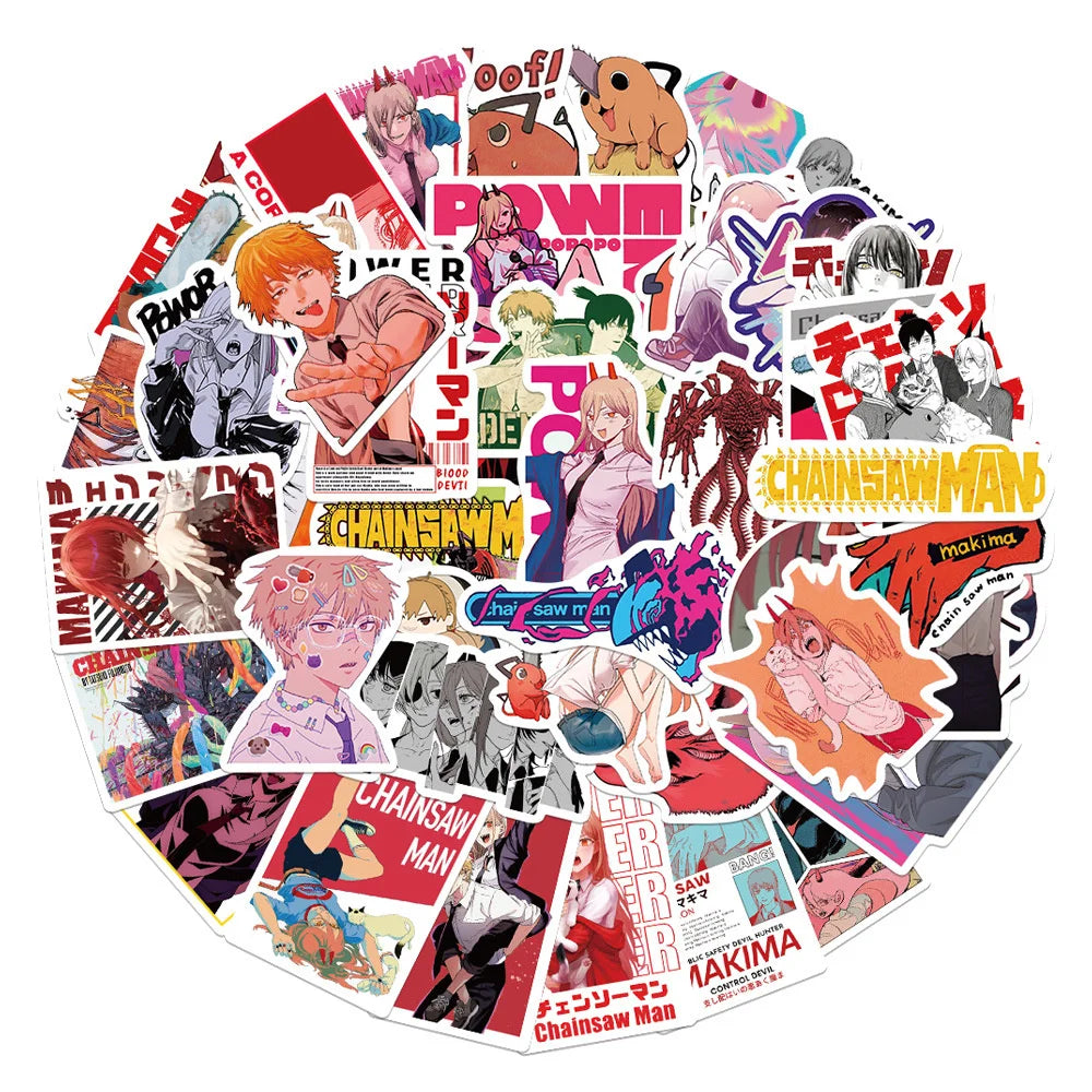 50 pieces of cartoon anime chainsaw man graffiti stickers, personalized, fashionable, creative and trendy DIY exquisite decorative stickers, refrigerator, water cup, skateboard helmet, guitar, popular decal toys