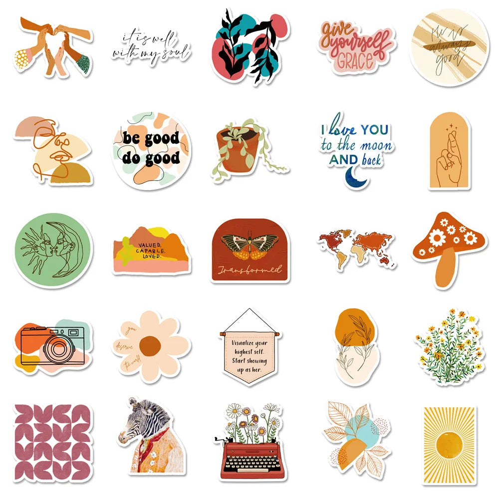 50 pieces of Bohemian-style, fresh and simple graffiti stickers featuring toys, luggage, laptops, iPads, skateboards, and more. These are waterproof stickers