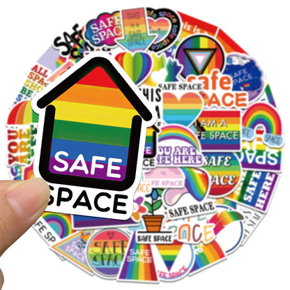 50PCS LGBTQ logo safety space rainbow graffiti stickers, personalized, fashionable and creative DIY exquisite decorative decals, refrigerator skateboard, water cup, helmet, guitar, popular stickers