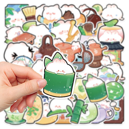 40PCS Cartoon Bamboo Grove Tea House Doodle Stickers Exquisite Creative DIY Journal Decorative Decals Suitable for Notebooks, Phone Cases, Skateboards, Water Bottles, and Stationery Boxes