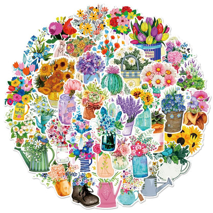 50PCS Literary Fresh Plants Flowers Graffiti Waterproof Stickers Cartoon Creative Decorative Decals Refrigerator