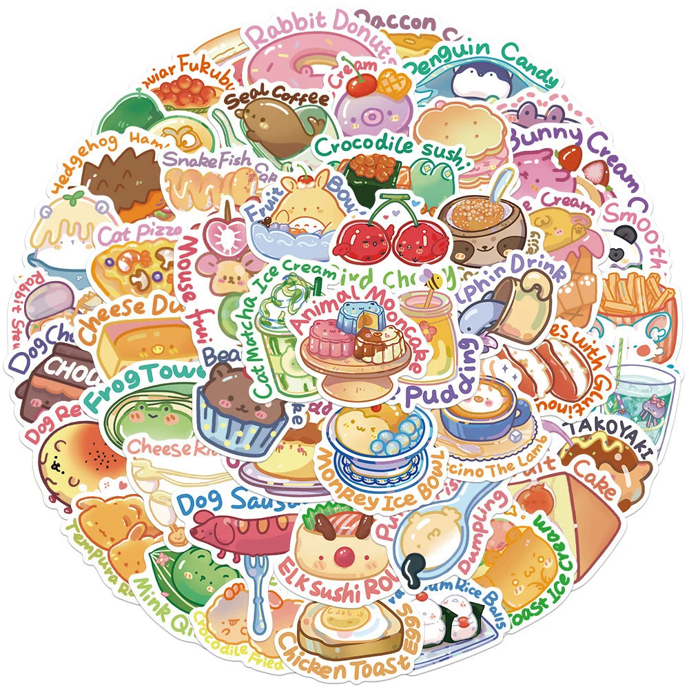 50PCS English Cartoon Animal Food Stickers Graffiti DIY Helmet Skateboard Suitcase Luggage Decals PVC Stickers