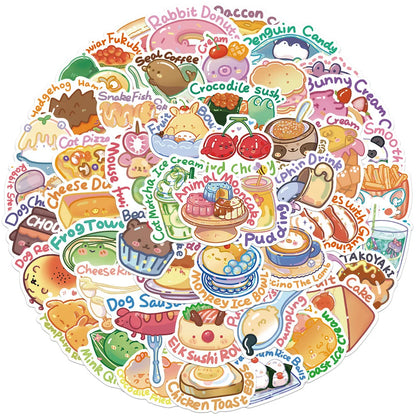 50PCS English Cartoon Animal Food Stickers Graffiti DIY Helmet Skateboard Suitcase Luggage Decals PVC Stickers