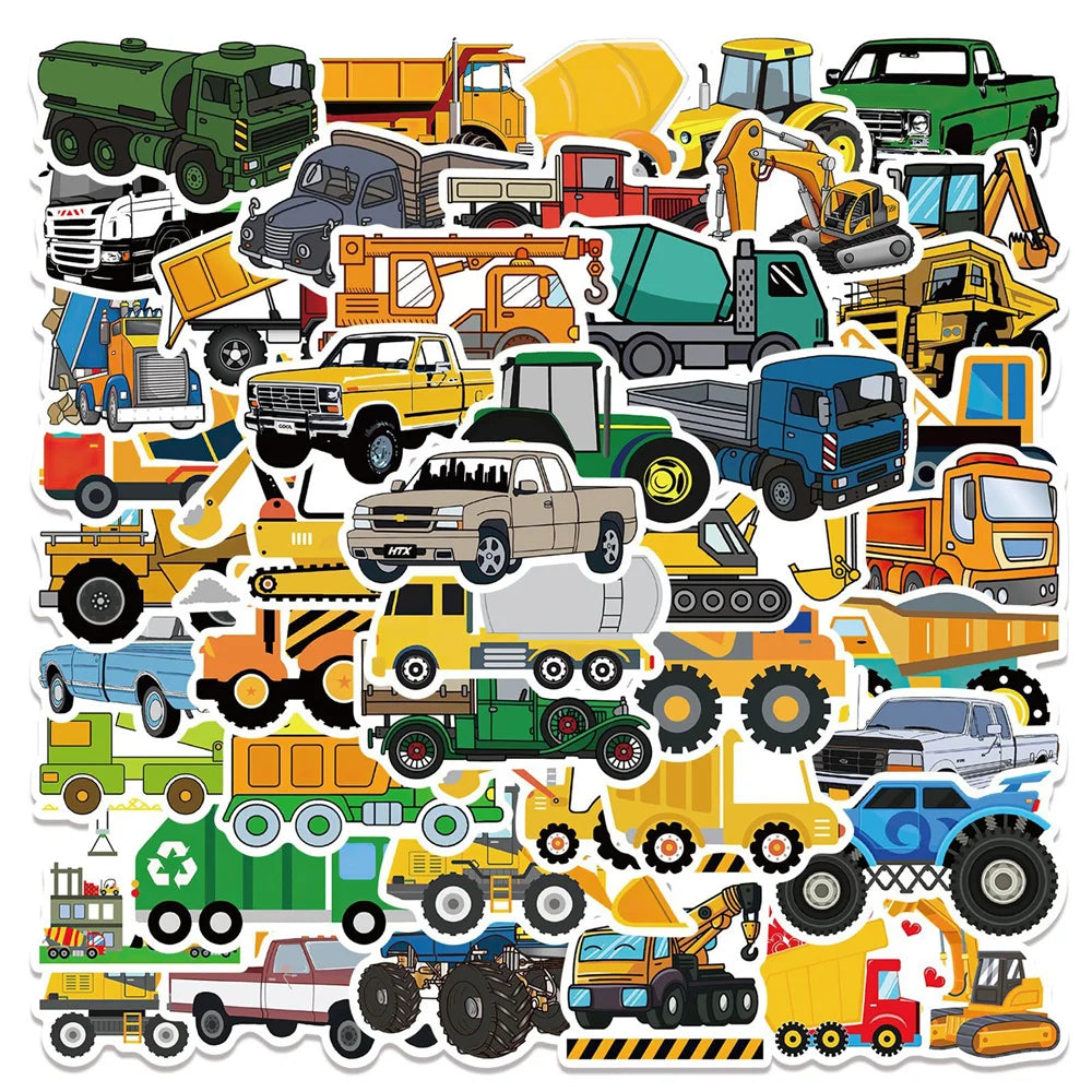 50PCS Construction Site Doodle Stickers, Cute Cartoon Truck & Vehicle Decals for Kids, Boys Room, and Imaginative Play