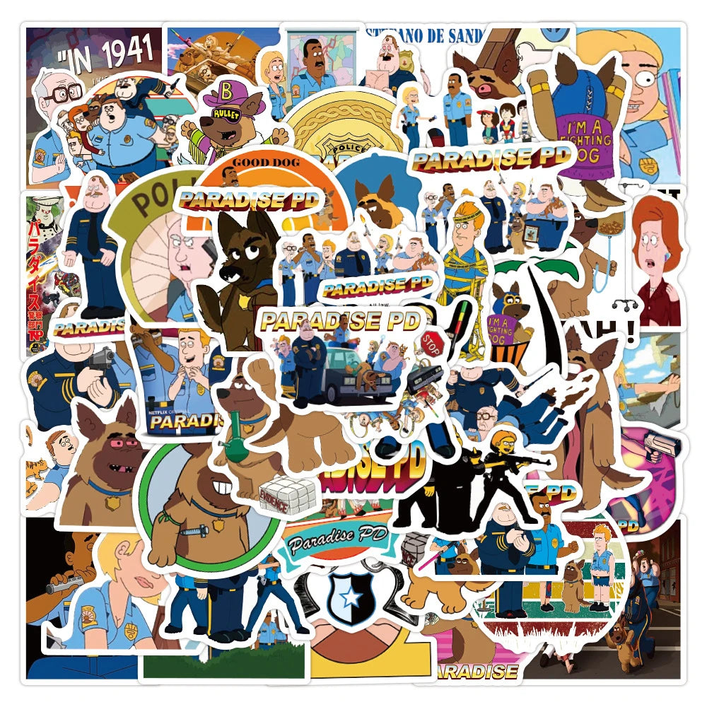 50PCS cartoon animation Paradise Town Police Station decorative style graffiti stickers, personalized, fashionable and creative DIY exquisite decorative decal cups, helmets, skateboards, popular sticker toys