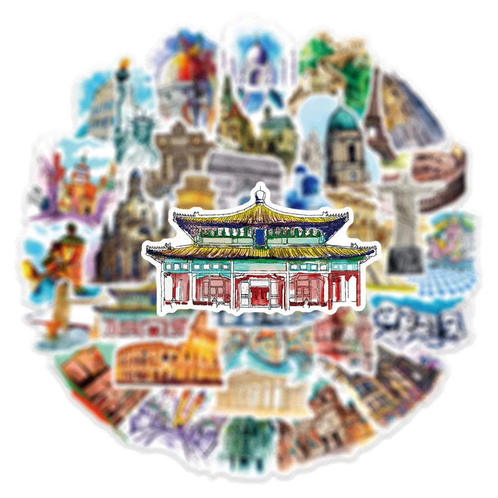 50PCS Landmark Building Graffiti Sticker DIY Decorative Guitar Suitcase Motorcycle Waterproof Sticker