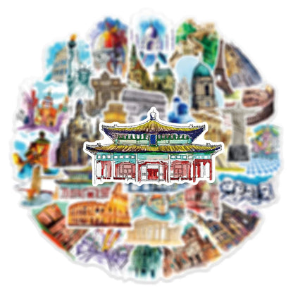 50PCS Landmark Building Graffiti Sticker DIY Decorative Guitar Suitcase Motorcycle Waterproof Sticker
