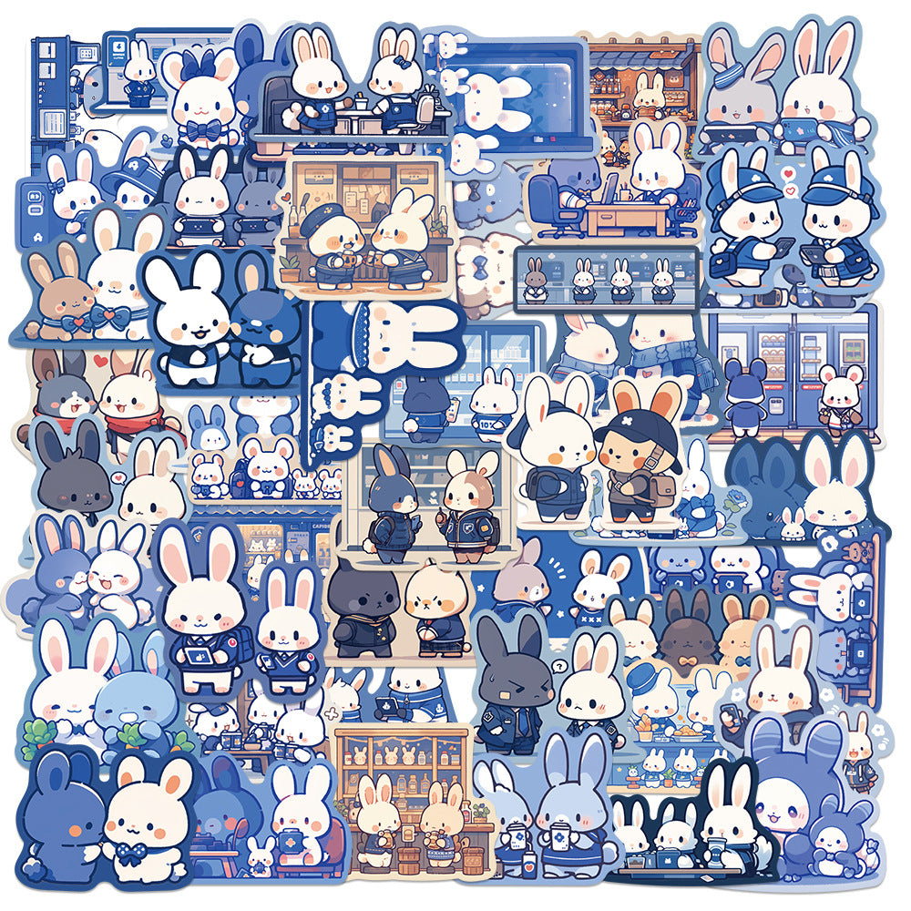 50PCS Blue Bunny Doodle Stickers, Serene Cartoon Rabbit Decals for Calm Vibes, Journals, and Kawaii Collections