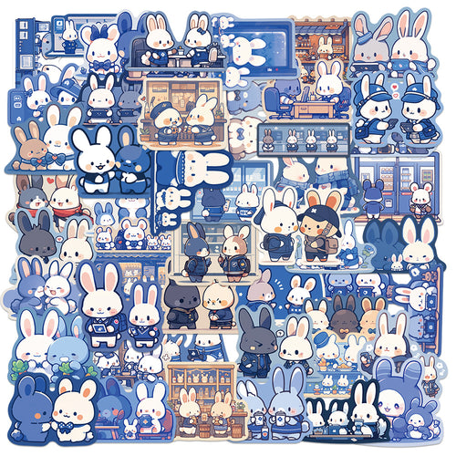 50PCS Blue Bunny Doodle Stickers, Serene Cartoon Rabbit Decals for Calm Vibes, Journals, and Kawaii Collections