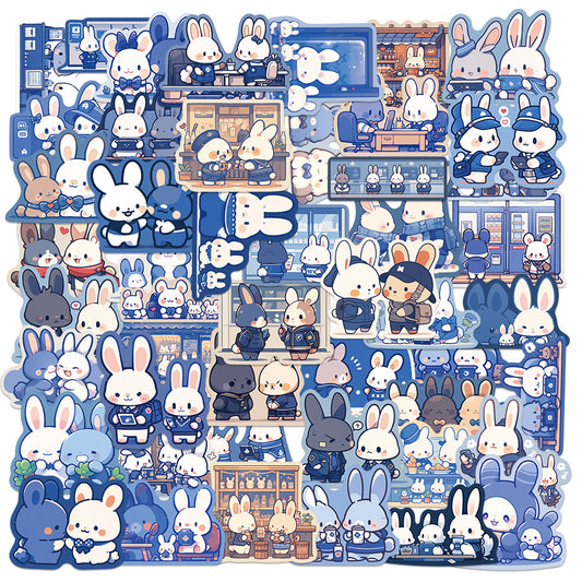 50PCS Blue Bunny Doodle Stickers, Serene Cartoon Rabbit Decals for Calm Vibes, Journals, and Kawaii Collections