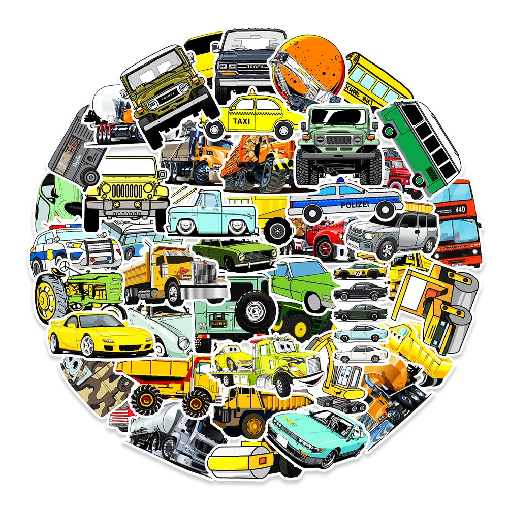 50PCS Cartoon Car Stickers Transportation Graffiti Motorcycle iPad  DIY Wall Stickers Toys Waterproof Decoration