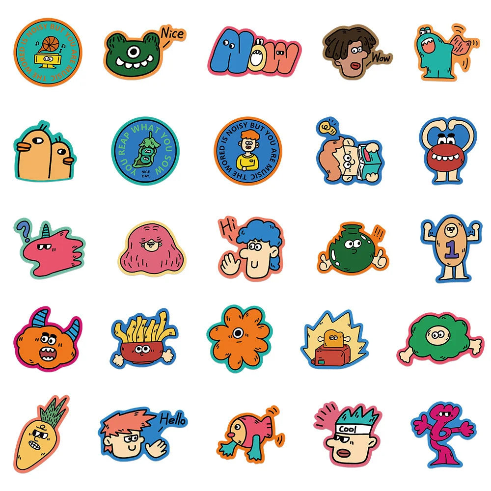 50 pieces of cartoon hand-drawn odd graffiti stickers, personalized, fashionable, creative and exquisite decal toys, refrigerator, skateboard helmet, guitar, popular sticker toys