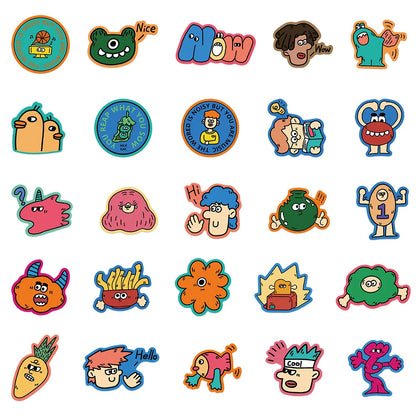 50 pieces of cartoon hand-drawn odd graffiti stickers, personalized, fashionable, creative and exquisite decal toys, refrigerator, skateboard helmet, guitar, popular sticker toys