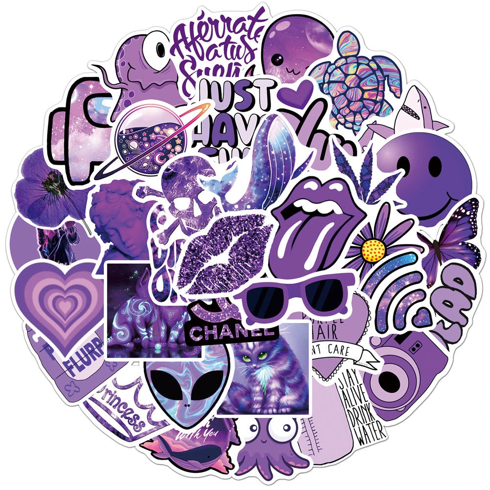 50PCS Cartoon Purple Small Fresh Graffiti Stickers Personalized Fashion Creative DIY Trend Decorative Stickers Bike Skateboard Car Helmet Laptop Popular Decals Toys