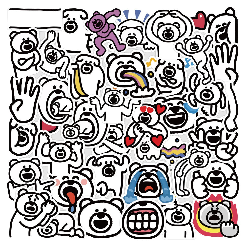 50PCS Cartoon Funny Excited Bear Creative Doodle Sticker Bicycle Skateboard Car Helmet Laptop Computer W