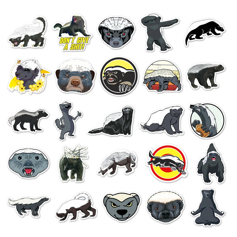 50PCS Cartoon Honey Badger Animal Doodle Stickers Exquisite, Fashionable, Creative DIY Journal Stickers Suitable for Luggage, Laptops, Guitars, Skateboards, Helmets, and Stationery Boxes