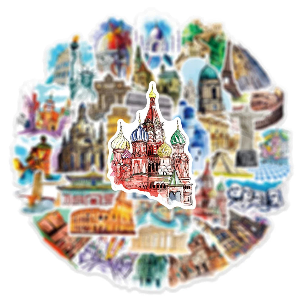 50PCS Landmark Building Graffiti Sticker DIY Decorative Guitar Suitcase Motorcycle Waterproof Sticker