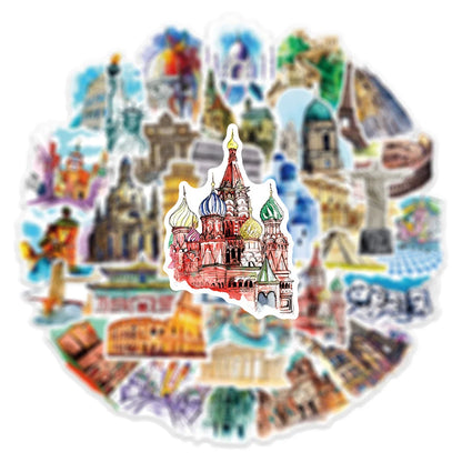 50PCS Landmark Building Graffiti Sticker DIY Decorative Guitar Suitcase Motorcycle Waterproof Sticker