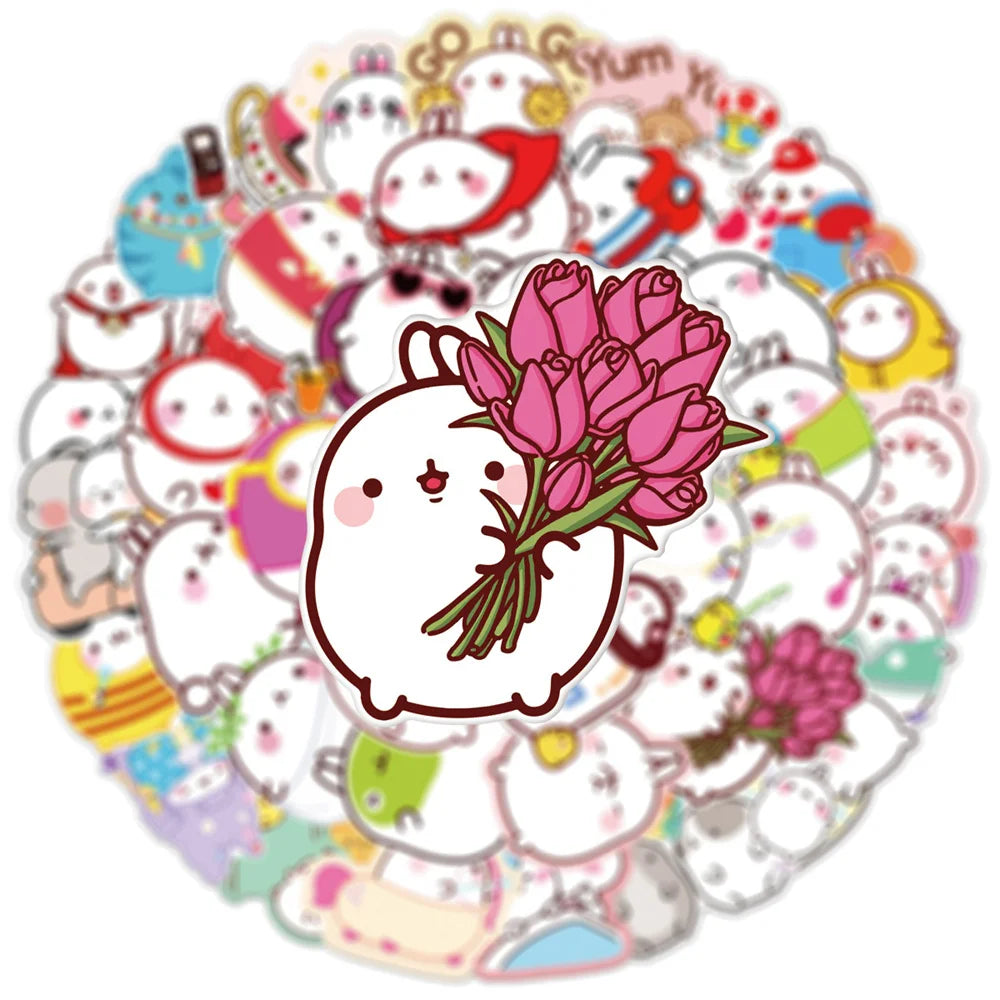 50 pieces of cute cartoon round rolling rabbit graffiti stickers, personalized, fashionable and creative DIY exquisite and trendy decorative decals, refrigerator, skateboard, water cup, helmet, guitar, popular sticker toys