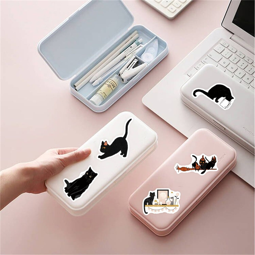 50PCS Cute Black Cat Stickers - Kawaii Animal Decals for Halloween, Laptops, Water Bottles & Witchy Aesthetic Gifts
