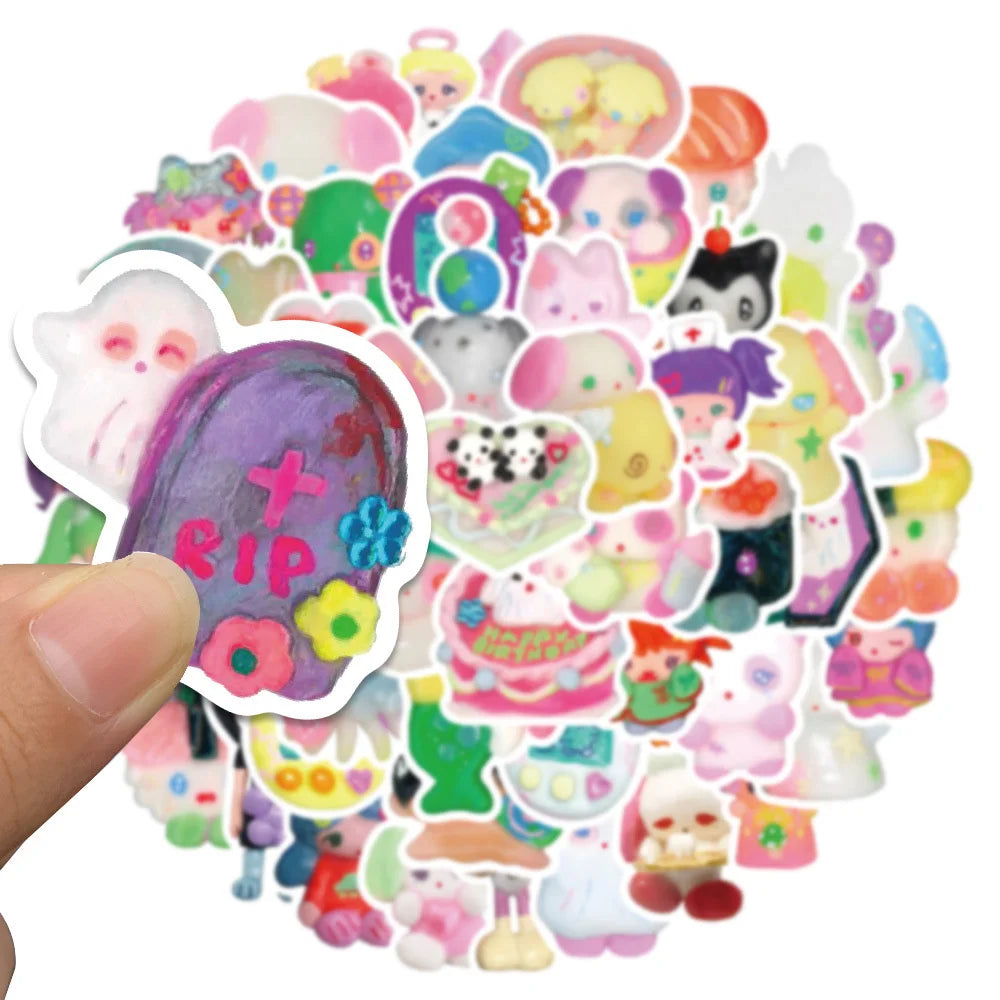 56 pieces of colorful and cute clay doll graffiti stickers, personalized, fashionable and creative DIY trendy decal toy luggage, laptop, helmet, guitar, popular and exquisite decorative stickers