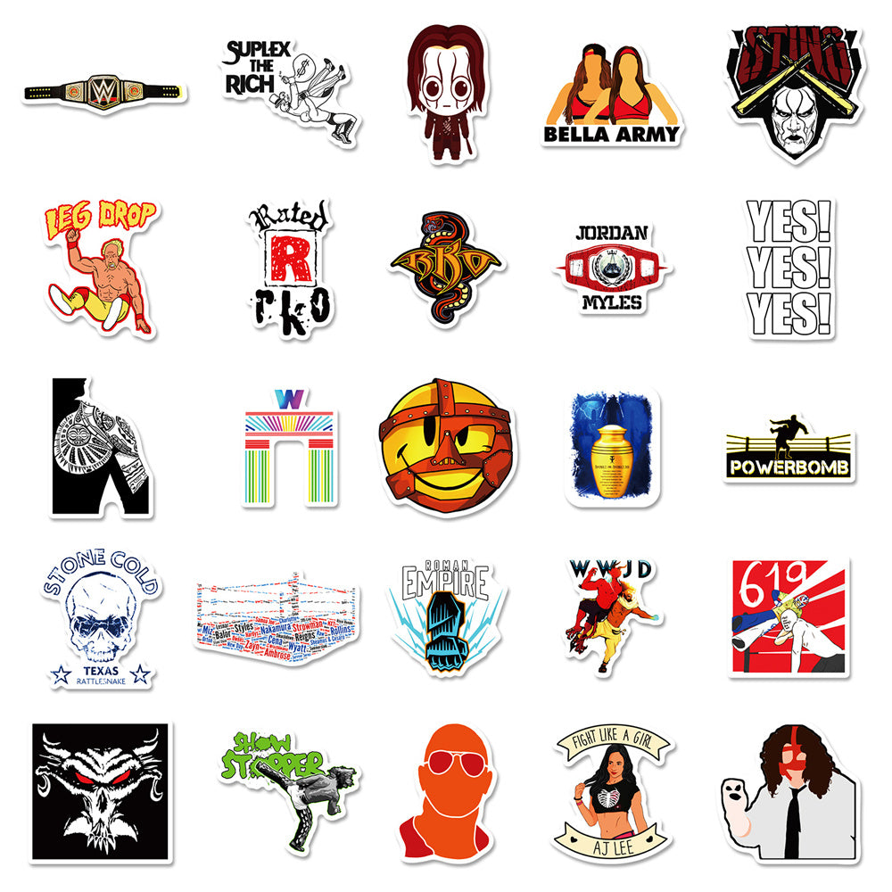 50PCS WWE Inspired Stickers - Wrestling Star Decals for Laptops, Water Bottles, Gym Bags & Sports Fan Gifts