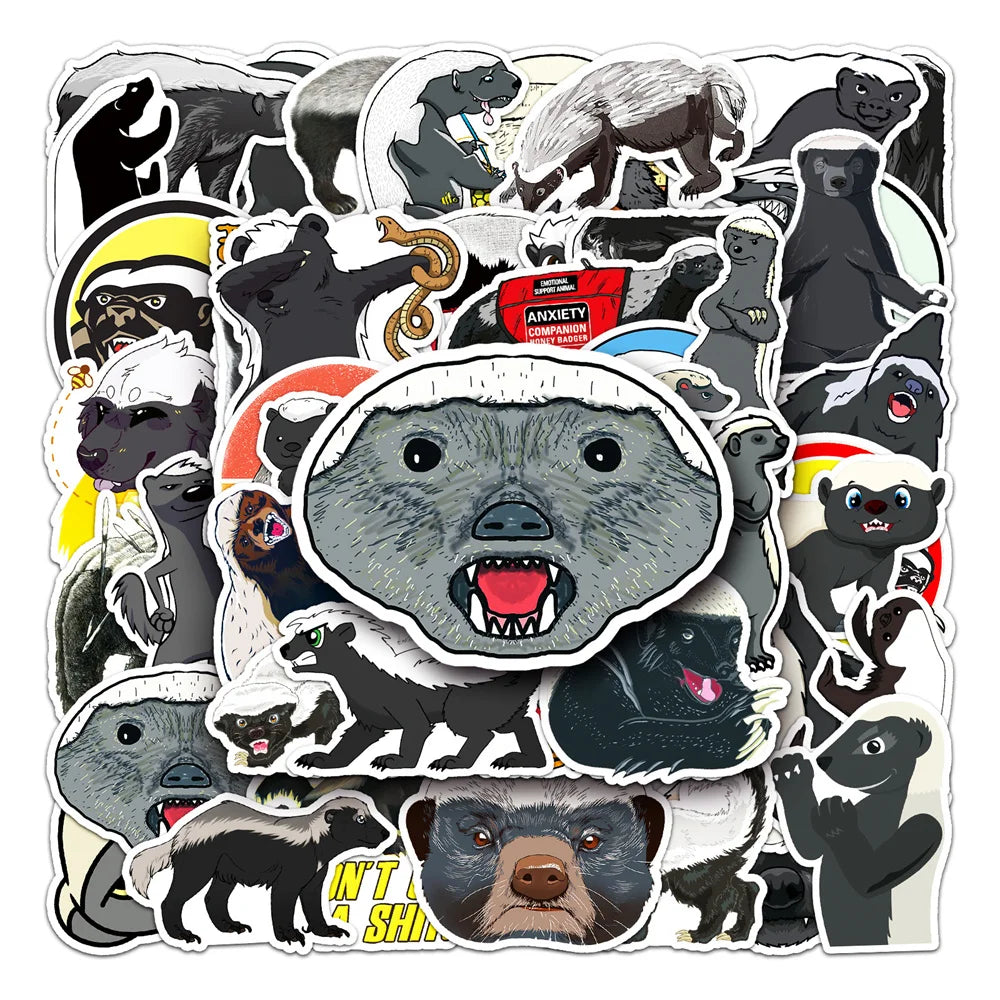 50PCS Cartoon Honey Badger Animal Doodle Stickers Exquisite, Fashionable, Creative DIY Journal Stickers Suitable for Luggage, Laptops, Guitars, Skateboards, Helmets, and Stationery Boxes