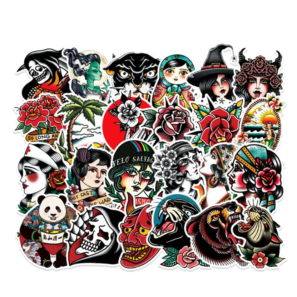 50 pieces of tattoo rose skull pattern graffiti stickers, suitable for planners, notebooks, luggage decoration, waterproof stickers and toys