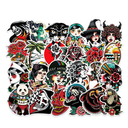 50 pieces of tattoo rose skull pattern graffiti stickers, suitable for planners, notebooks, luggage decoration, waterproof stickers and toys
