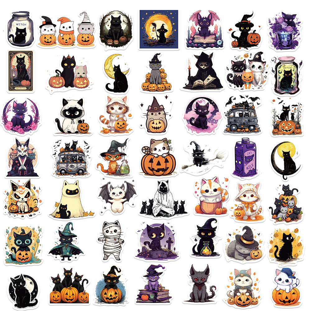 50PCS Halloween Cute Cat Doodle Stickers - Exquisite, Fashionable, Creative DIY Journal Decorations Suitable for Notebooks, Guitars, Helmets, Water Bottles, and Stationery Boxes