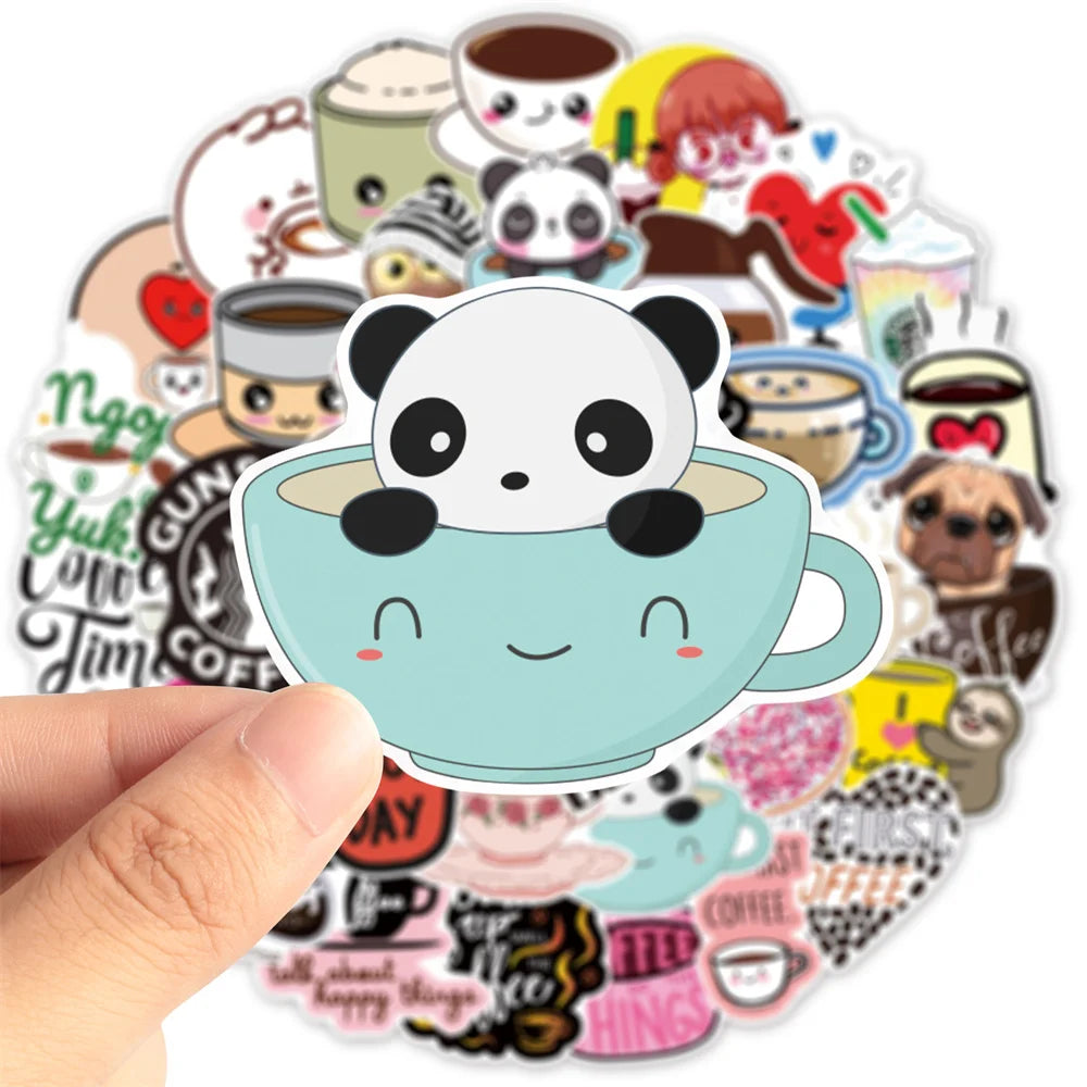 50 pieces of cartoon coffee personalized graffiti stickers, personalized fashion and creative DIY trend decorative stickers, suitable for refrigerator, guitar, helmet, skateboard, popular and exquisite decal toys