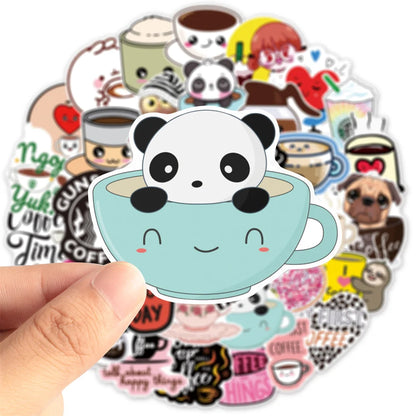 50 pieces of cartoon coffee personalized graffiti stickers, personalized fashion and creative DIY trend decorative stickers, suitable for refrigerator, guitar, helmet, skateboard, popular and exquisite decal toys