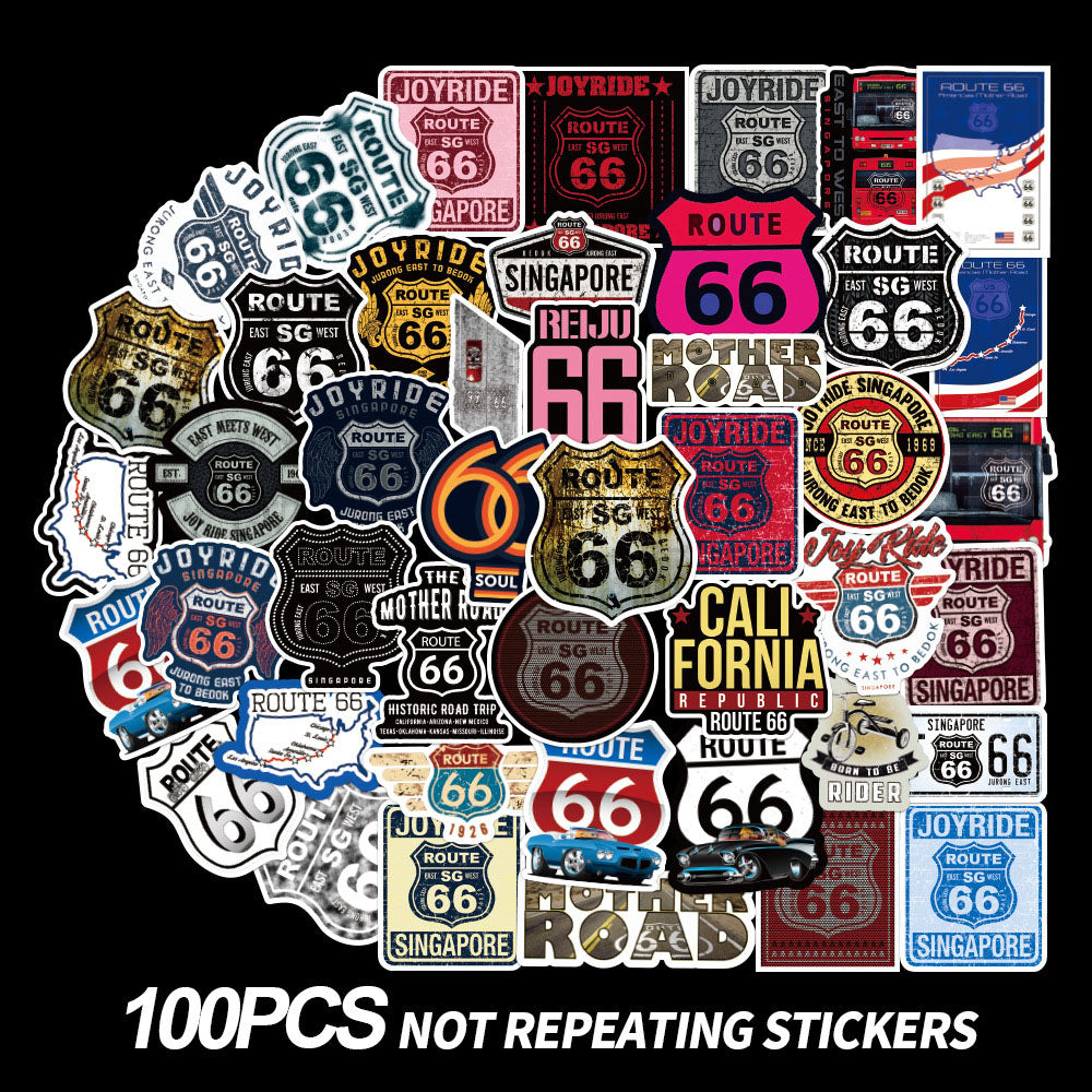 100PCS Legend 66 Road Cool Graffiti Sticker Set for Fridge, Skateboard, Water Bottle, Helmet, Guitar, Stationery Box, and Desktop Decor