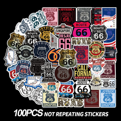 100PCS Legend 66 Road Cool Graffiti Sticker Set for Fridge, Skateboard, Water Bottle, Helmet, Guitar, Stationery Box, and Desktop Decor