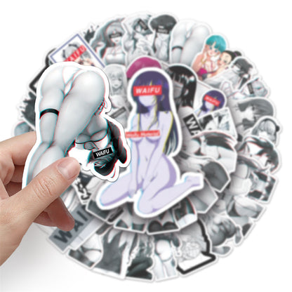 50PCS Cartoon Black & White Waifu Girl Doodle Stickers for Phone Cases, Skateboards, DIY, Waterproof Luggage, Reward Decals, Toys
