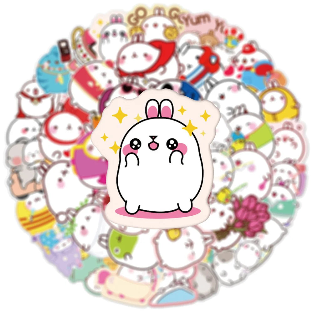 50 pieces of cute cartoon round rolling rabbit graffiti stickers, personalized, fashionable and creative DIY exquisite and trendy decorative decals, refrigerator, skateboard, water cup, helmet, guitar, popular sticker toys
